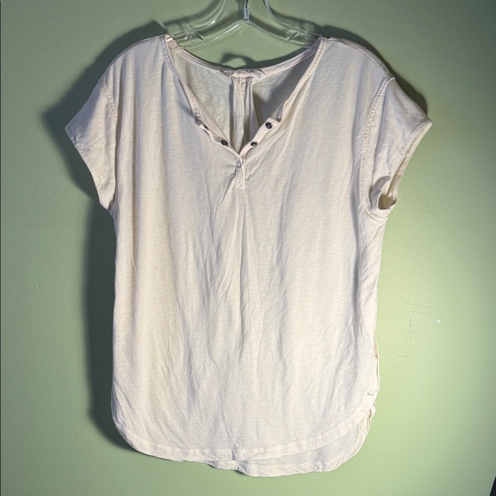 Woolrich Cream Short Sleeve Henley Tee with Button-Placket